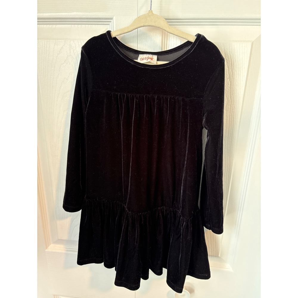Cat & Jack Girls Black Velvet Long Sleeve Tiered Ruffle Dress 4T Holiday Party